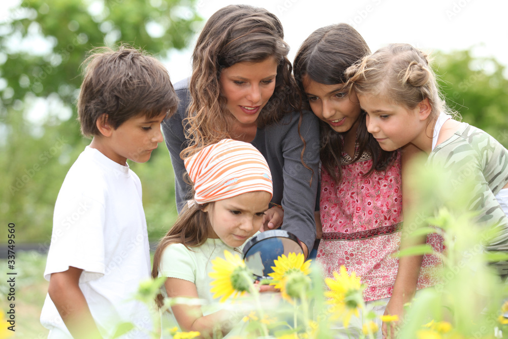 children having a nature class in the park children having a nature class in the park