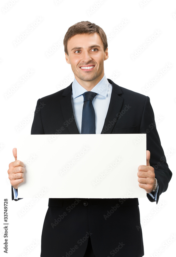 Happy business man showing blank signboard, isolated Happy business man showing blank signboard, isolated