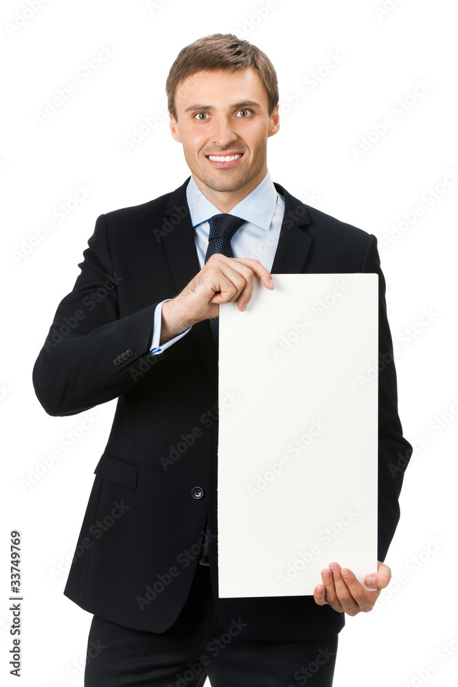 Happy business man showing blank signboard, isolated Happy business man showing blank signboard, isolated
