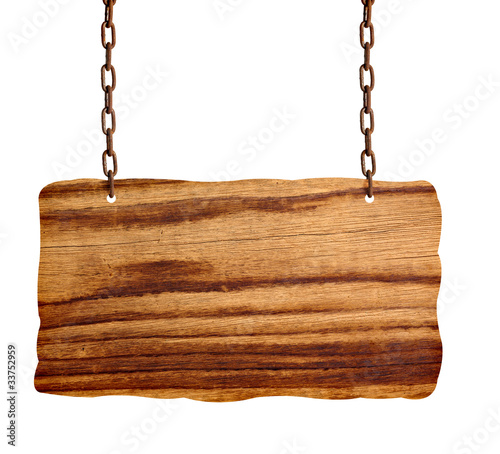 wooden sign and chain hanging