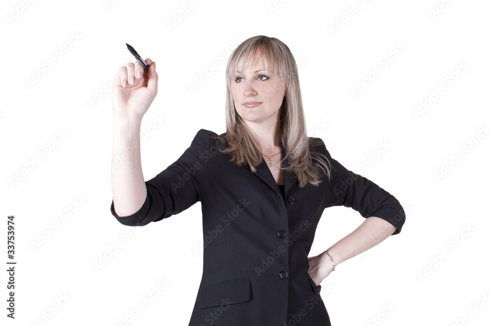 Businesswoman in suit writing on white isolated Businesswoman in suit writing on white isolated
