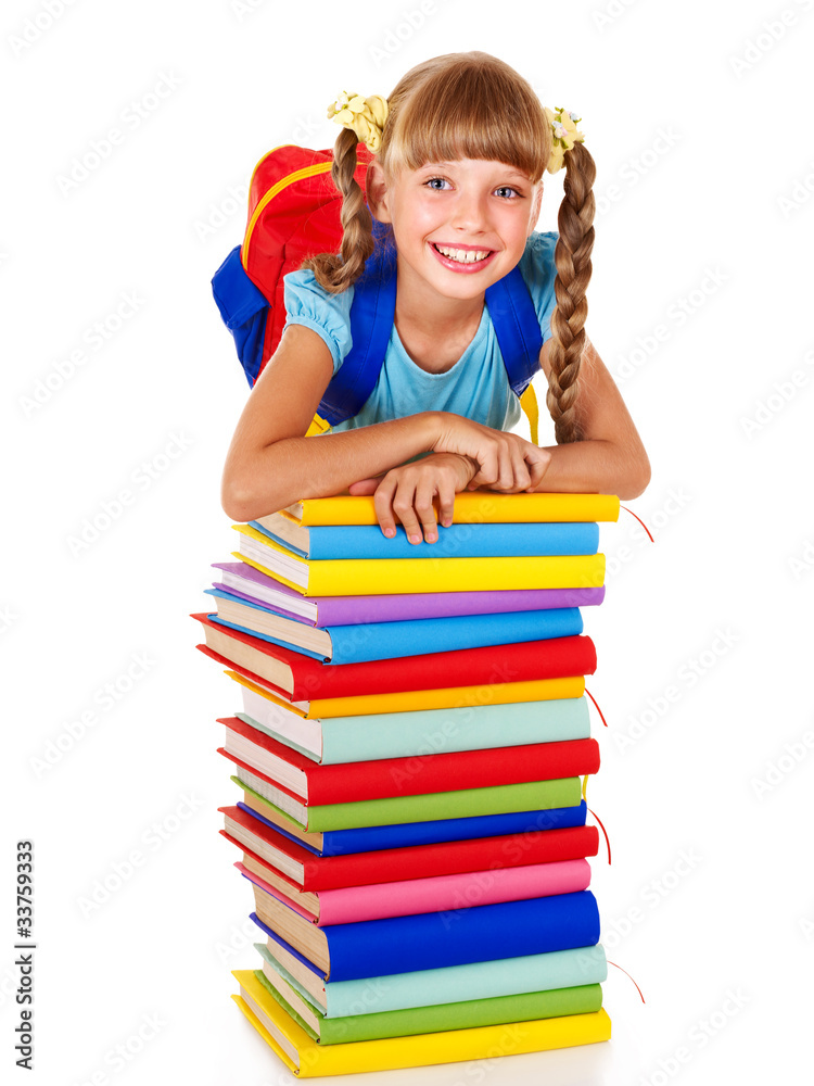 Schoolgirl with backpack holding pile of books. Schoolgirl with backpack holding pile of books.