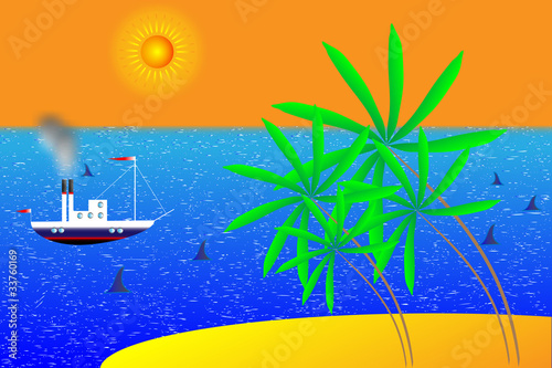 Vector summer beach with sea sun and palm tree