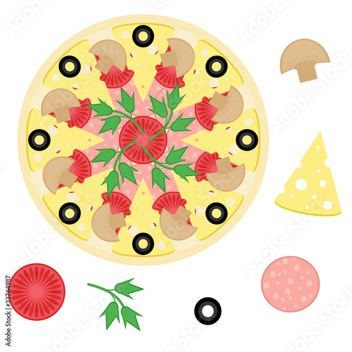 pizza and ingredients on white background