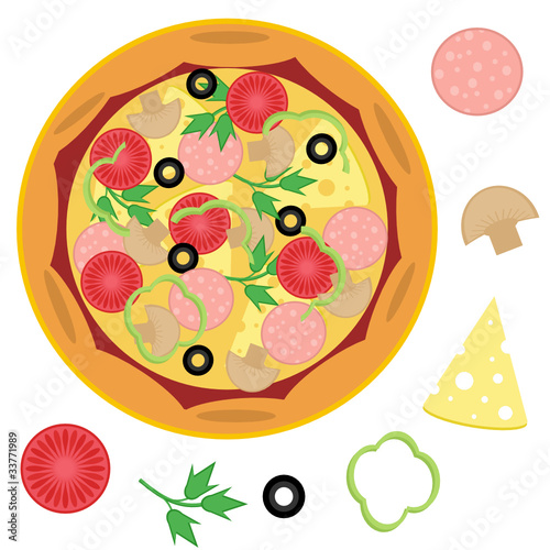 pizza and ingredients on white background