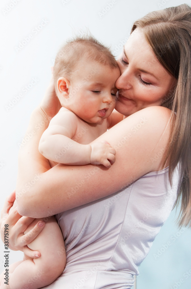 picture of happy mother with baby over white picture of happy mother with baby over white