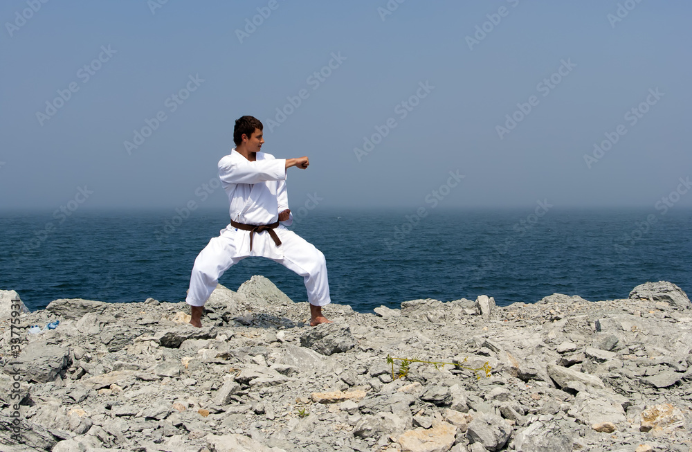 karate trains on the shores of the misty sea