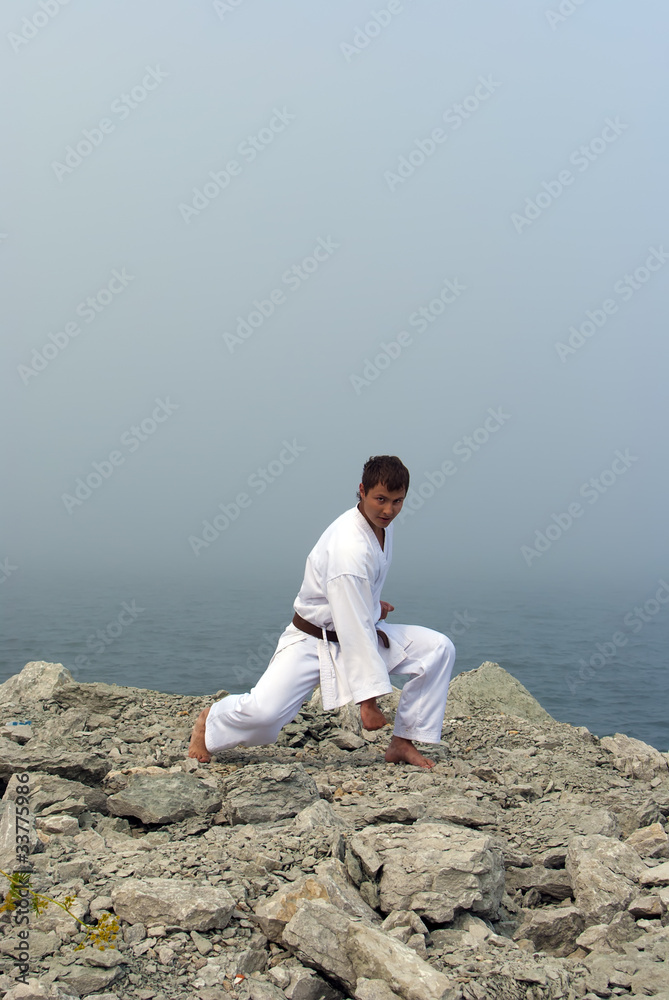 karate trains on the shores of the misty sea