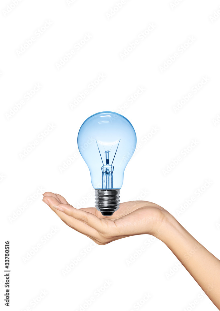 Blue Light bulb in hand woman on white background Blue Light bulb in hand woman on white background