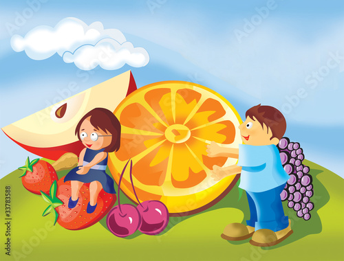 Boy and girl with fruits in a park