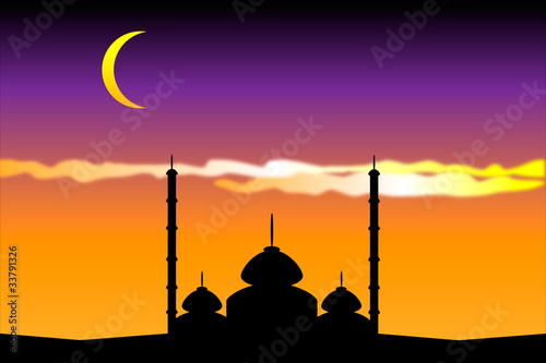 Silhouette of mosque in moon night