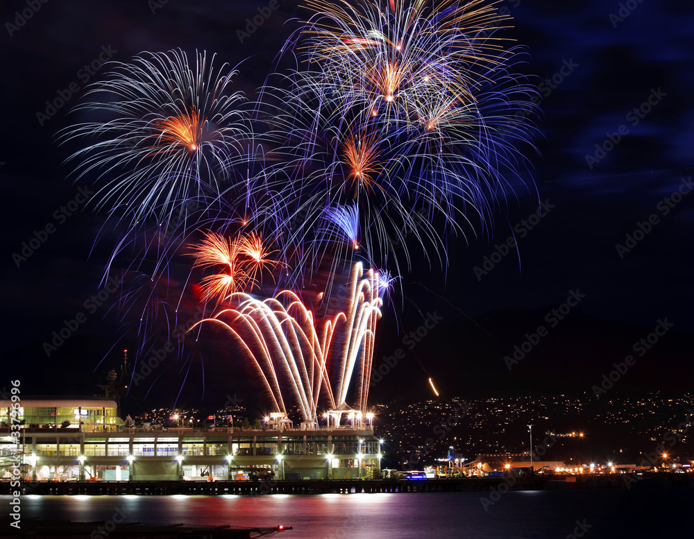 Red Blue White Fireworks Vancouver Harbor British Columbia Red Blue White Fireworks Vancouver Harbor British Columbia