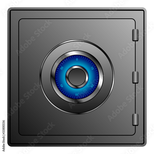 Small safe door with blue lock over white