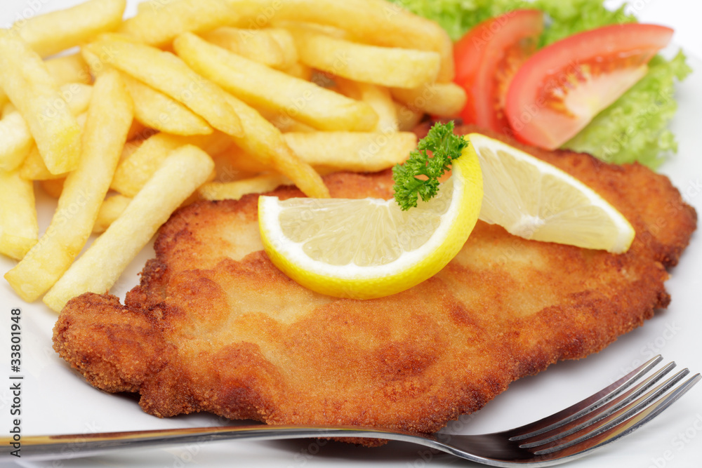 Photo &amp; Art Print Schweineschnitzel Wiener Art mit Pommes frites, Quade