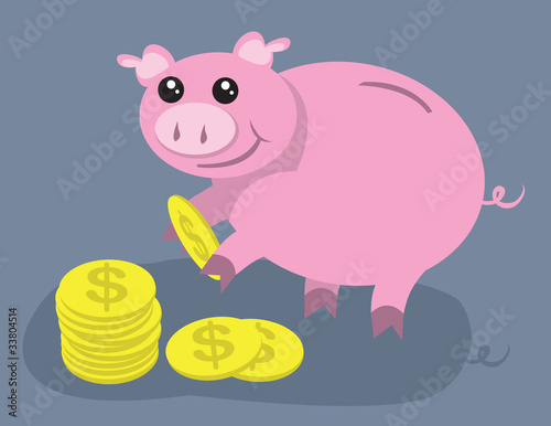 Piggy bank picking up coins.
