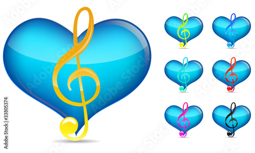 set of music note with blue heart isolated on white