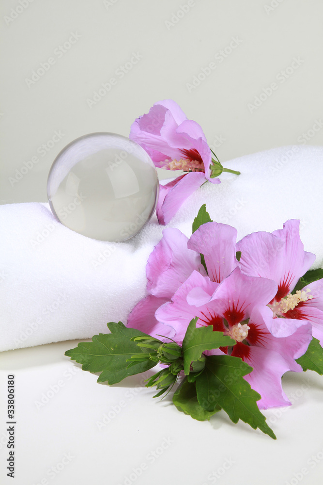 Hibiskusblüten mit weißem Handtuch und Glaskugel Hibiskusblüten mit weißem Handtuch und Glaskugel
