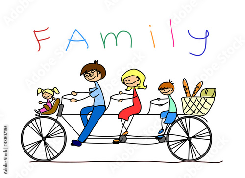 детский рисунок семьи на велосипеде, вектор