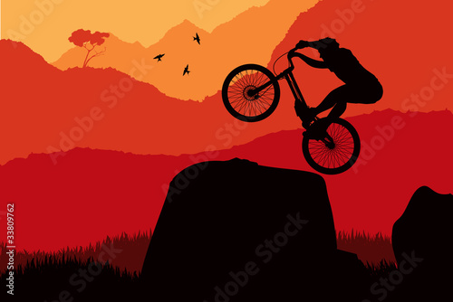 Mountain bike trial rider in wild nature landscape illustration
