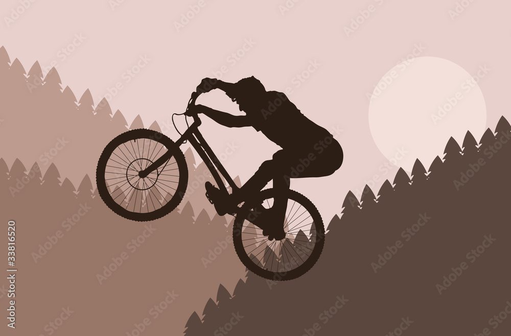 Mountain bike rider in wild forest landscape illustration vector Mountain bike rider in wild forest landscape illustration vector