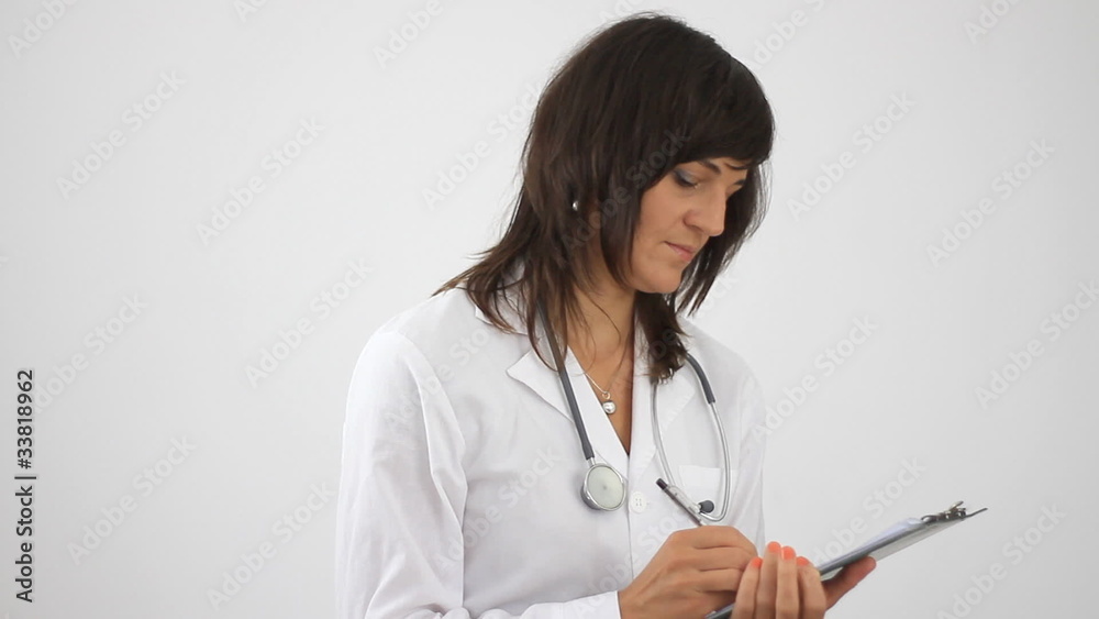 Female doctor writing on clipboard and smiling, isolated Female doctor writing on clipboard and smiling, isolated