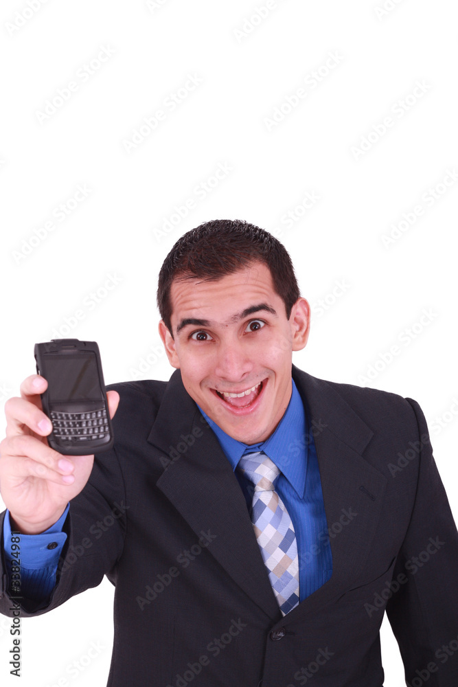 Business male holding a cell phone for communication. Business male holding a cell phone for communication.