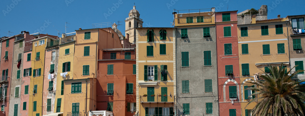 Portovenere, pastel housing, Italy. Portovenere, pastel housing, Italy.