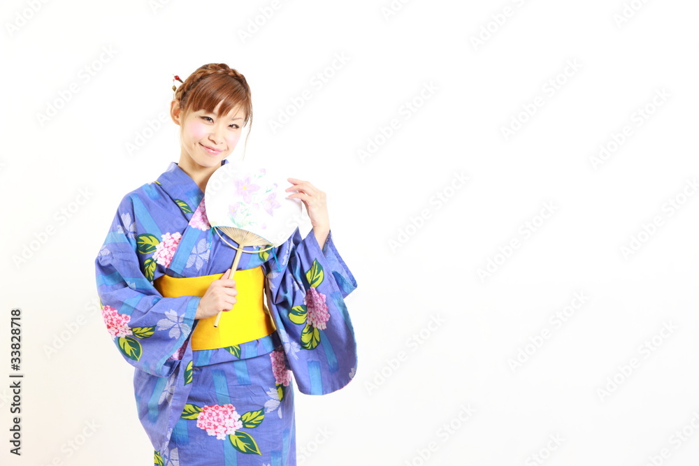 Young woman wearing Japanese kimono with round paper Fan Young woman wearing Japanese kimono with round paper Fan