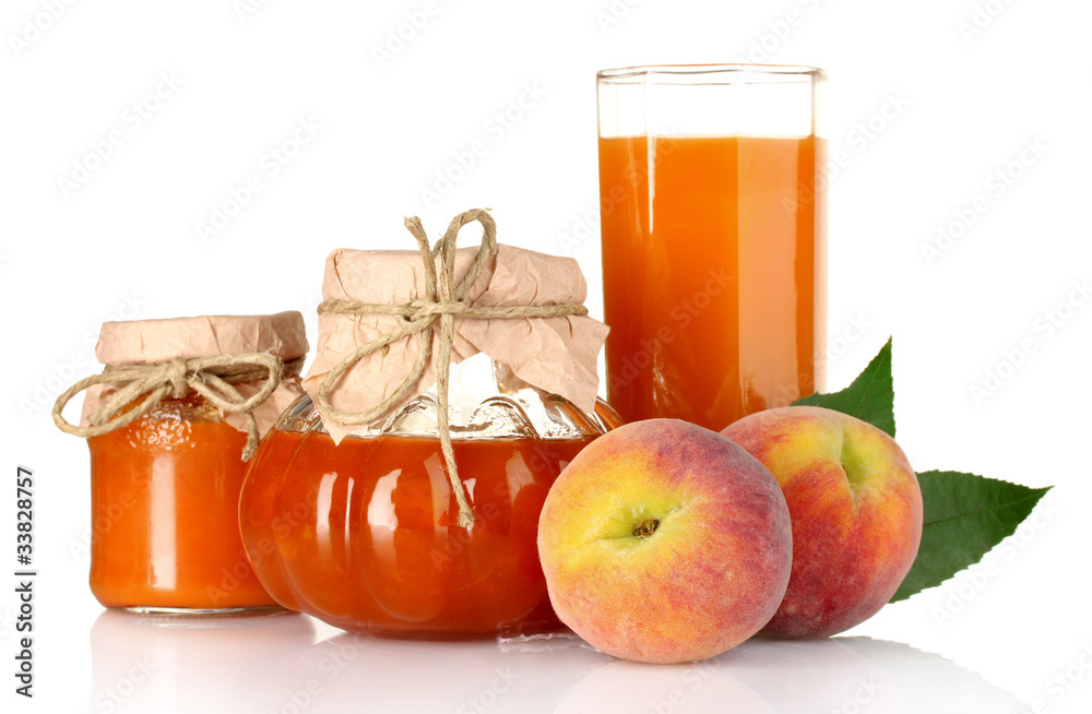 tasty jam, juice and peach isolated on white tasty jam, juice and peach isolated on white