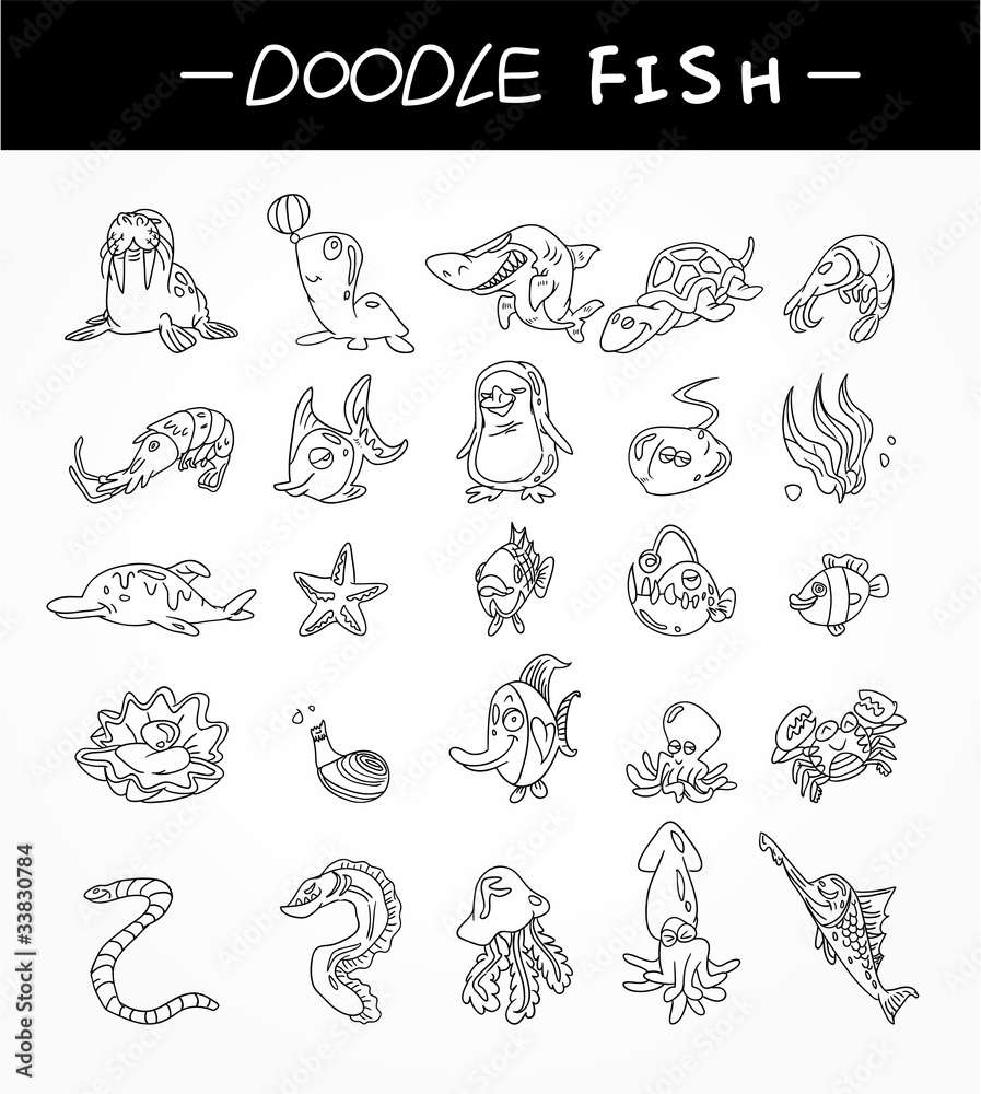 hand draw aquarium fish icons set hand draw aquarium fish icons set
