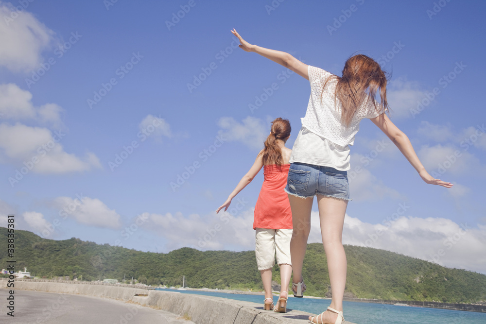 海辺の防波堤を歩く女性2人の後ろ姿 Stock 写真 Adobe Stock 海辺の防波堤を歩く女性2人の後ろ姿 Stock 写真 Adobe Stock