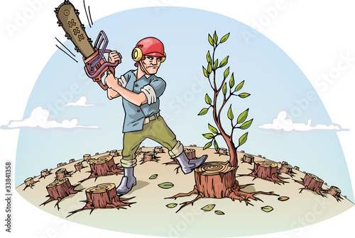 The woodcutter with the chainsaw is cutting the last tree