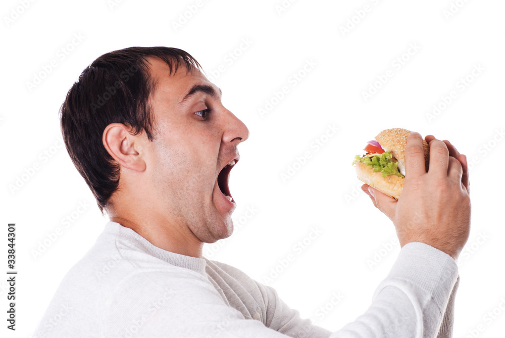 Man want a hamburger isolated Man want a hamburger isolated