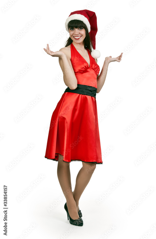 girl in a red dress, hat santa girl in a red dress, hat santa