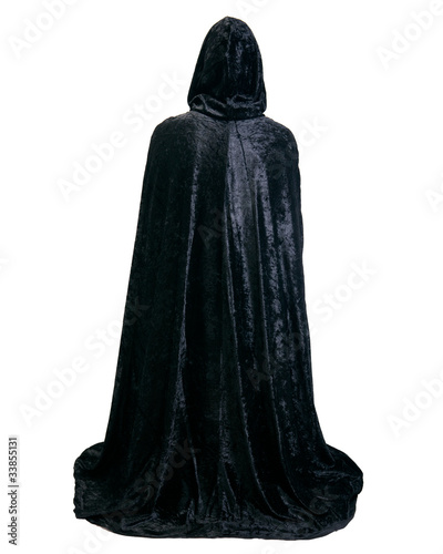 Cloaked woman, white background.
