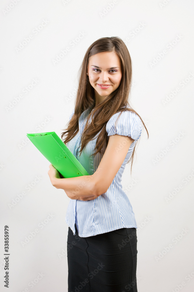Portrait of young happy smiling businesswoman with green folder Portrait of young happy smiling businesswoman with green folder