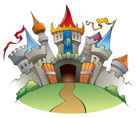 Keuken achterwand Kasteel Cartoon middeleeuws kasteel met torens  © Sergey Oganesov