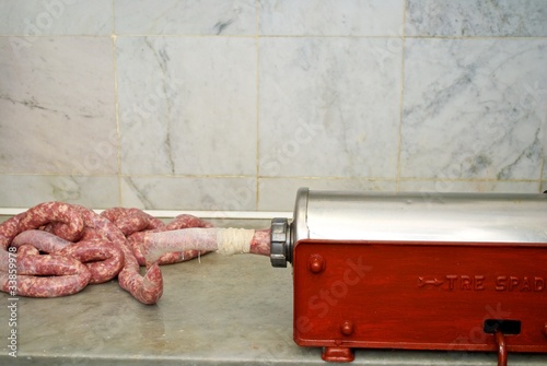 sausages in butcher shop photo