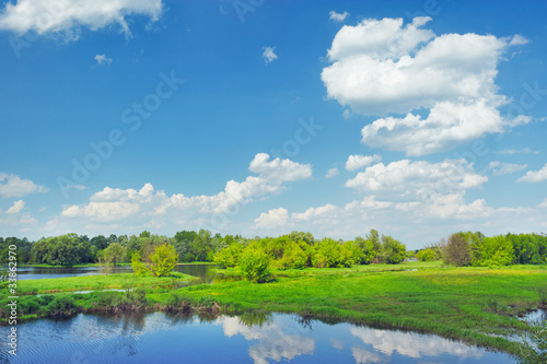 Rural landscape with flood waters of Narew river, Poland.
