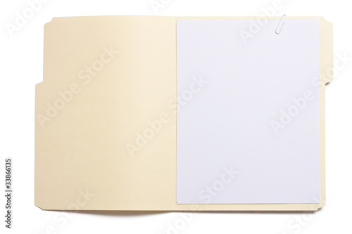 Blank opened file folder with empty white paper photo