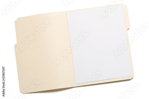 Opened file folder with white paper inside isolated on whtie