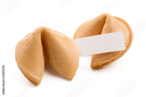 Fortune cookies with blank slip isolated on white background.