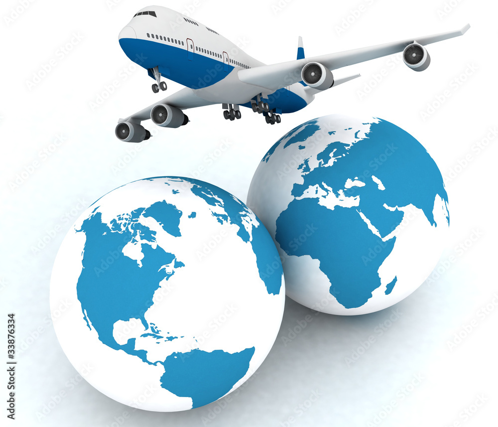 Fototapeta premium airliner with two globe in the white background