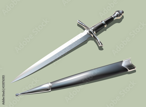 Photo-realistic medieval dagger with scabbard, vector