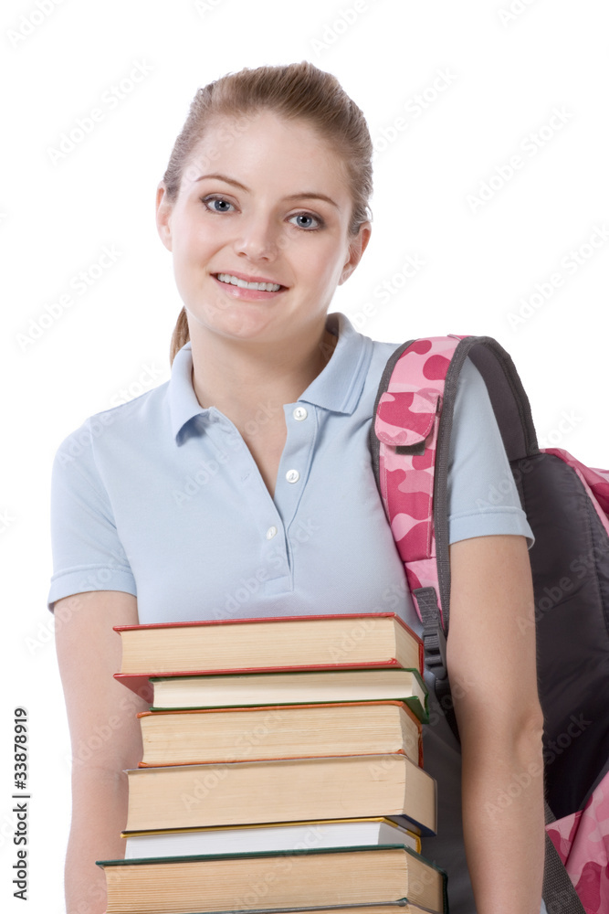 High school schoolgirl student with stack of books High school schoolgirl student with stack of books