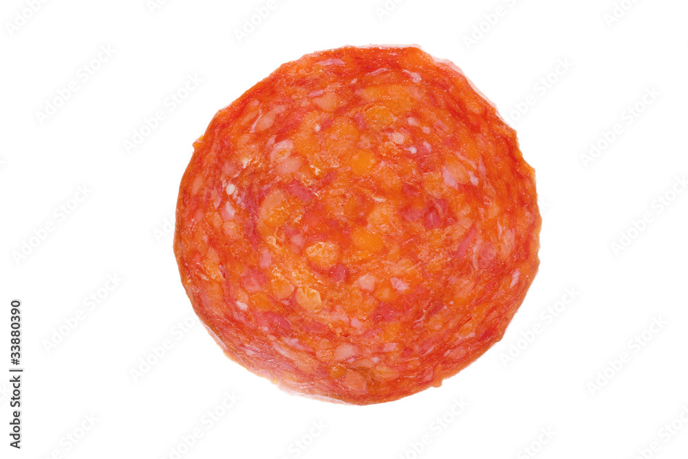 Single slice of salami over white Single slice of salami over white