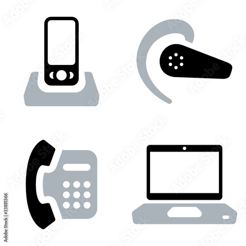 Mobile phone, headset, office phone and laptop vector signs