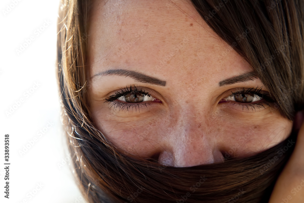 Close-up view at girl's eyes. Close-up view at girl's eyes.