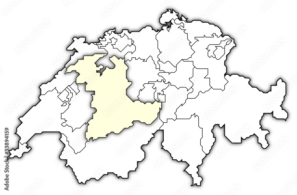 Political map of Swizerland with the several cantons where Bern is highlighted.
