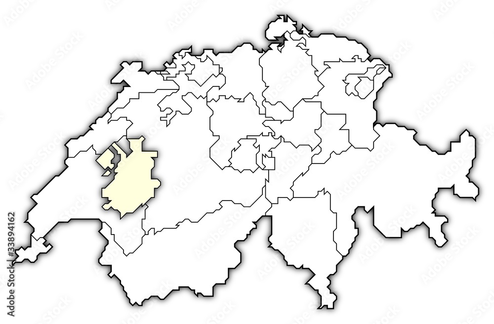 Political map of Swizerland with the several cantons where Fribourg is highlighted.